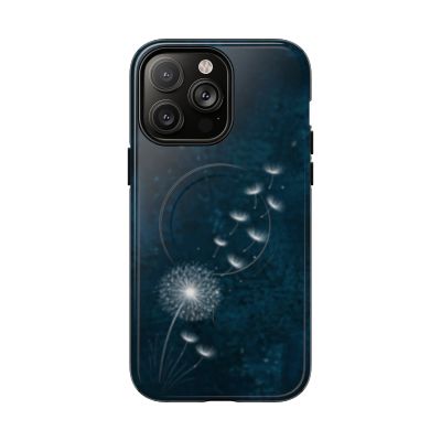 Minimalist floral iPhone 14 Pro Max case featuring glowing dandelion seeds