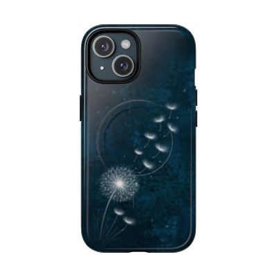 Aesthetic nature iPhone 15 case with delicate dandelion and seed drift