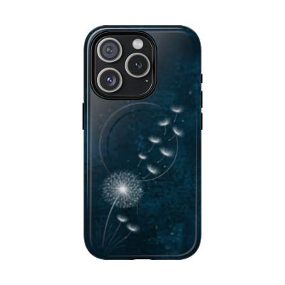 Dark teal iPhone 15 Pro case with white dandelion and drifting seeds, minimalist aesthetic design