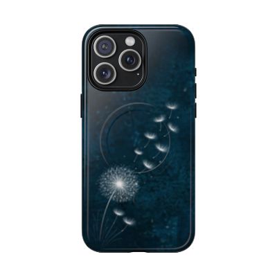 Dark teal iPhone 15 Pro Max case with white dandelion and drifting seeds, minimalist aesthetic design
