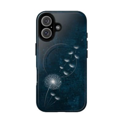 Slim protective iPhone 16 case with elegant dandelion design in dark blue