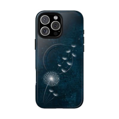 Dandelion wish iPhone 16 Pro Max case on deep blue background with floating seeds