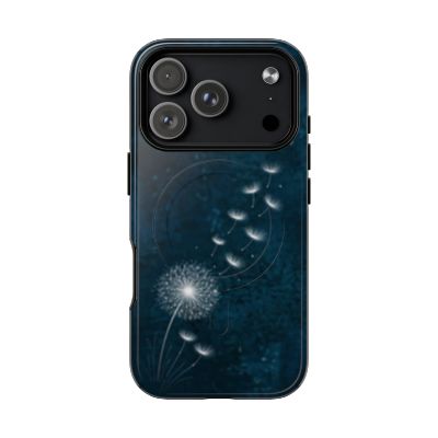 Durable iPhone 17 Pro case with botanical dandelion artwork on dark background