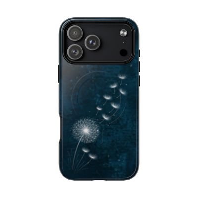 Minimalist floral iPhone 17 Pro Max case featuring glowing dandelion seeds