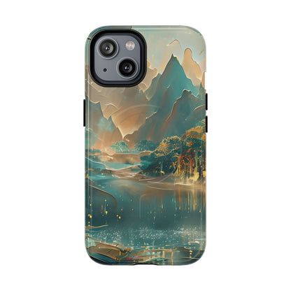 Misty Horizon iPhone 14 MagSafe case featuring a serene mountain lake landscape with soft mist, reflective water, and warm golden tones.