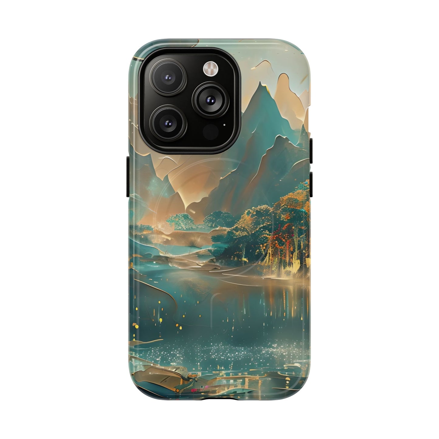 Misty Horizon iPhone 14 Pro MagSafe case featuring a serene mountain lake landscape with soft mist, reflective water, and warm golden tones.