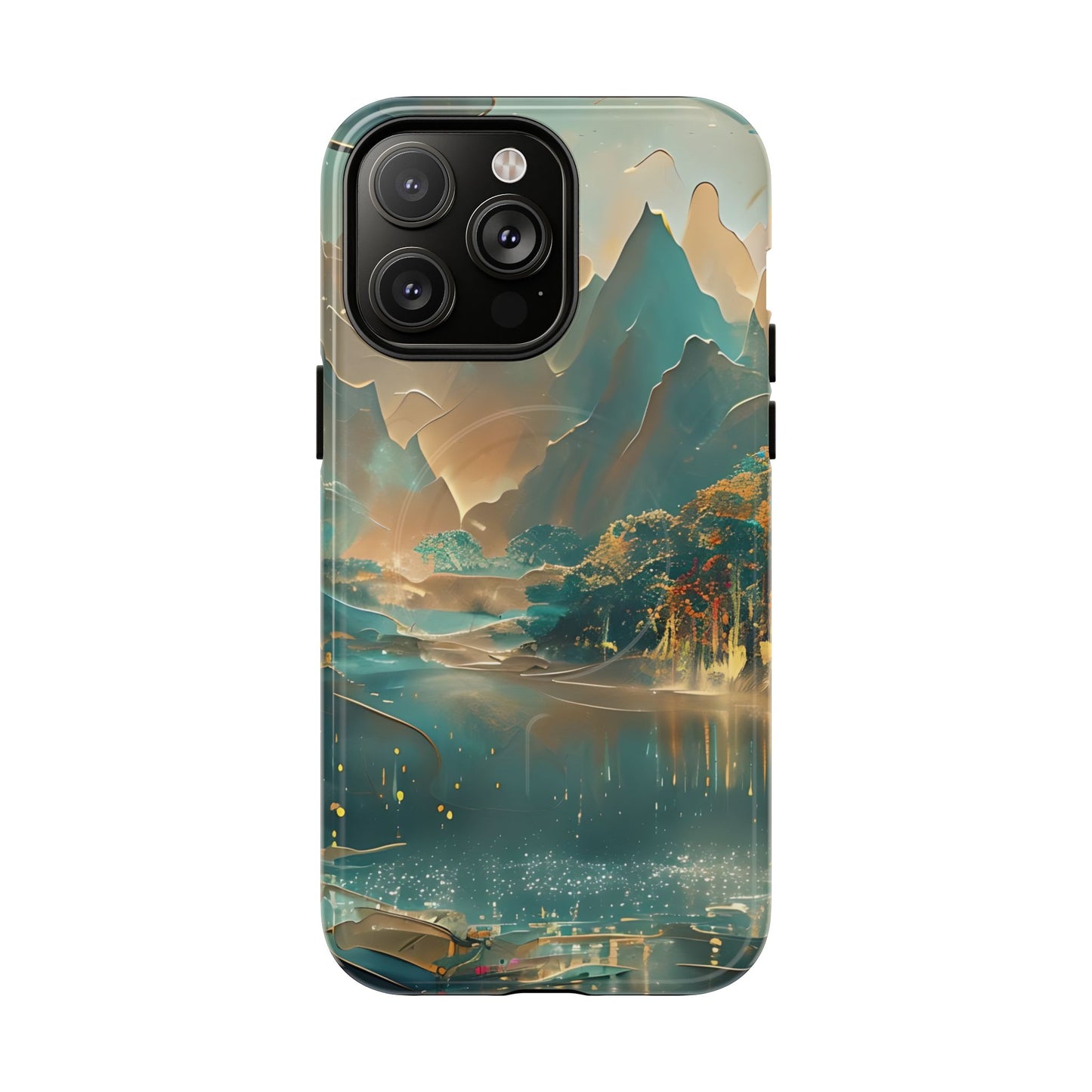 Misty Horizon iPhone 14 Pro Max MagSafe case featuring a serene mountain lake landscape with soft mist, reflective water, and warm golden tones.
