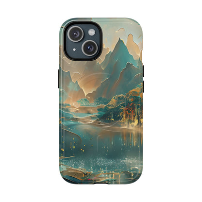 Misty Horizon iPhone 15 MagSafe case featuring a serene mountain lake landscape with soft mist, reflective water, and warm golden tones.