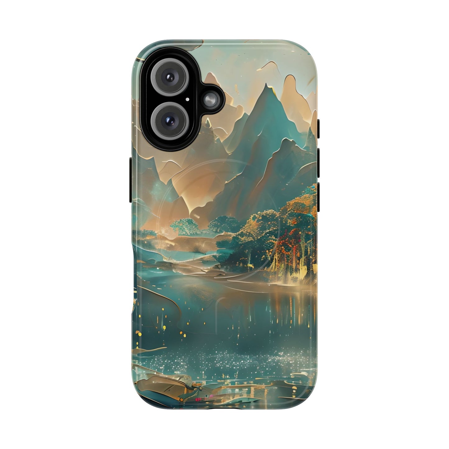 Misty Horizon iPhone 16 MagSafe case featuring a serene mountain lake landscape with soft mist, reflective water, and warm golden tones.