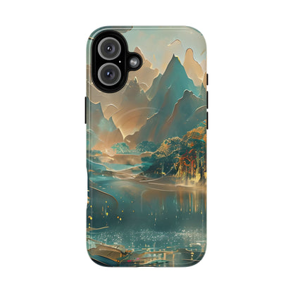 Misty Horizon iPhone 16 Plus MagSafe case featuring a serene mountain lake landscape with soft mist, reflective water, and warm golden tones.