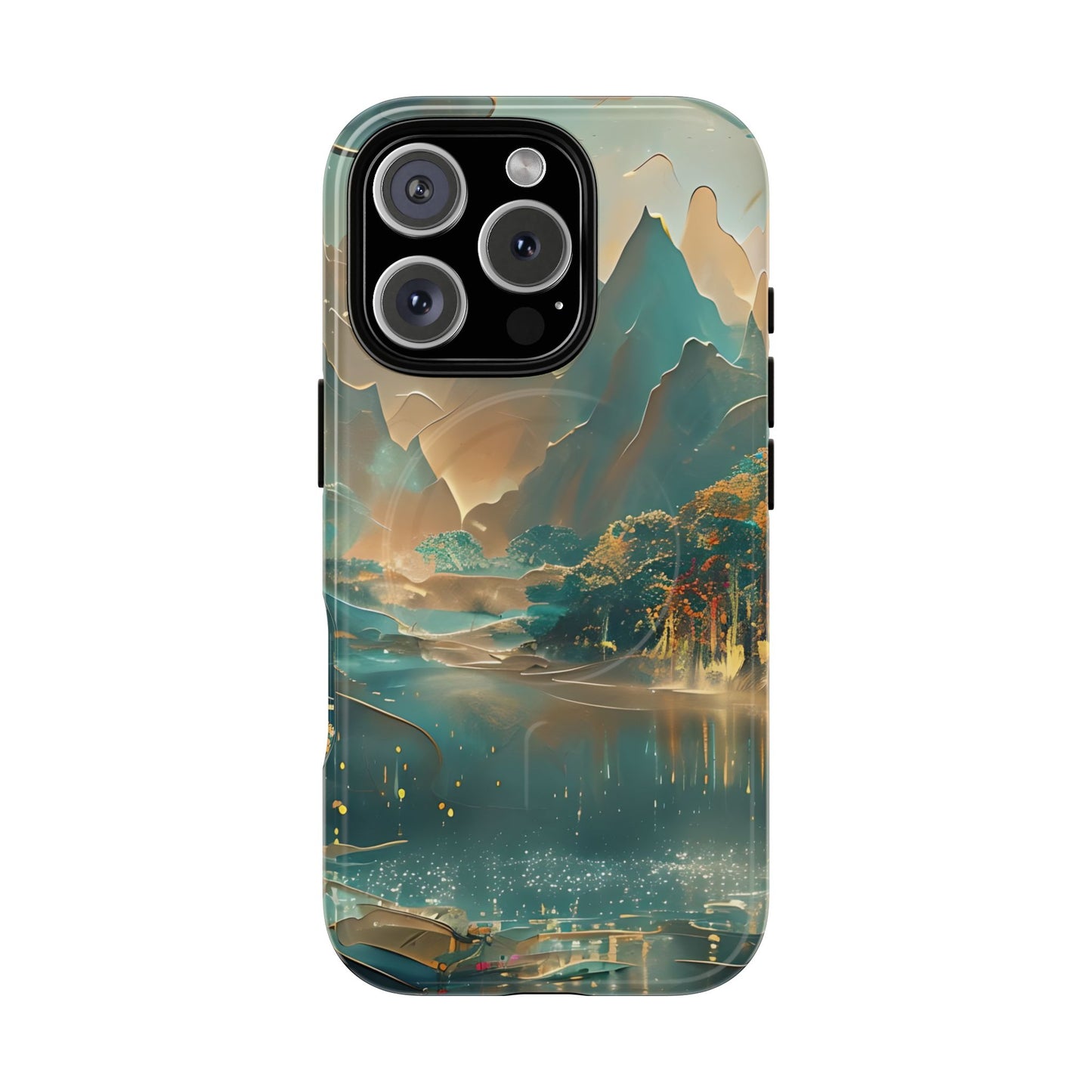 Misty Horizon iPhone 16 Pro MagSafe case featuring a serene mountain lake landscape with soft mist, reflective water, and warm golden tones.