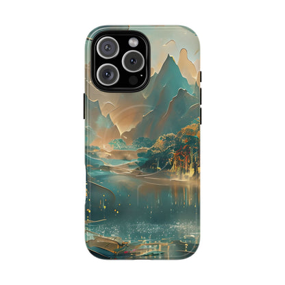 Misty Horizon iPhone 17 Pro Max MagSafe case featuring a serene mountain lake landscape with soft mist, reflective water, and warm golden tones.