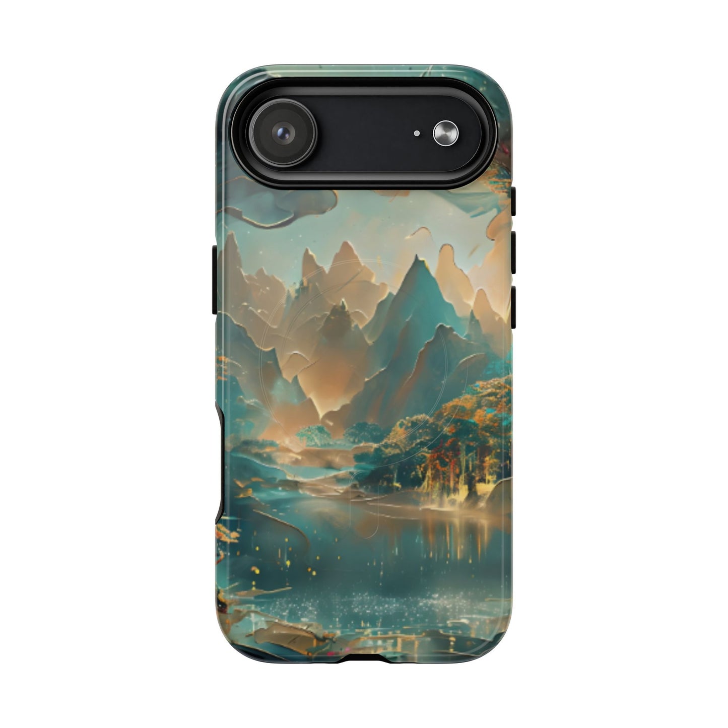 Misty Horizon iPhone 17 Air MagSafe case featuring a serene mountain lake landscape with soft mist, reflective water, and warm golden tones.