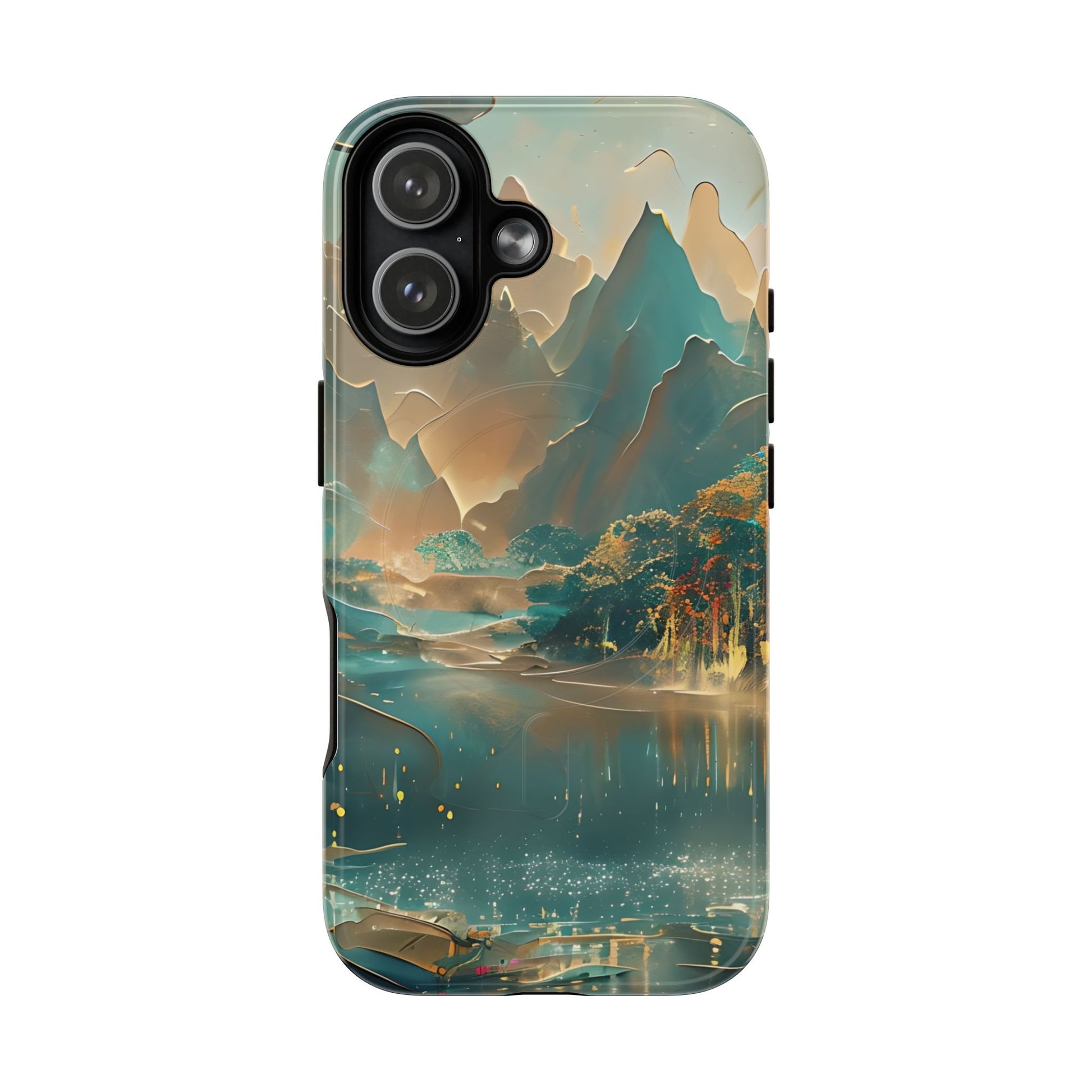 Misty Horizon iPhone 17 MagSafe case featuring a serene mountain lake landscape with soft mist, reflective water, and warm golden tones.