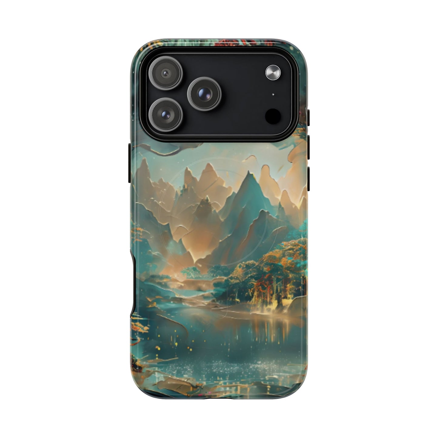 Misty Horizon iPhone 17 Pro Max MagSafe case featuring a serene mountain lake landscape with soft mist, reflective water, and warm golden tones.