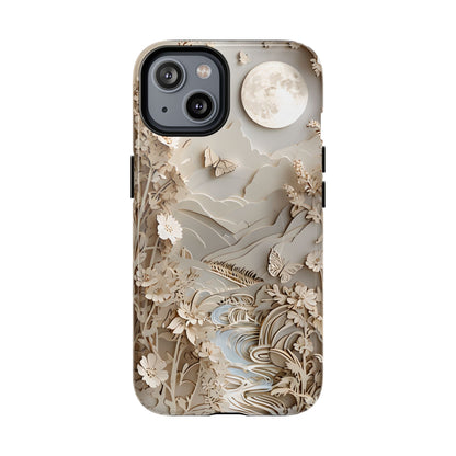 Moonlit Garden botanical iPhone 14 MagSafe case featuring layered paper-cut style flowers, butterflies, and a moonlit landscape with flowing stream and neutral ivory tones.