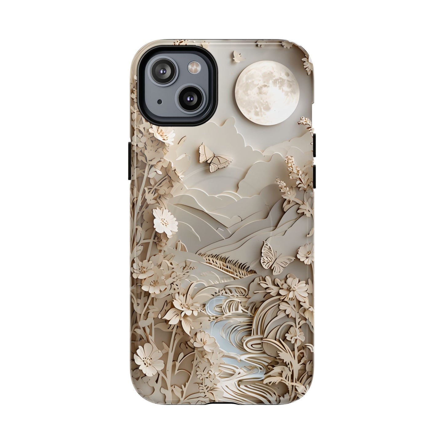 Moonlit Garden botanical iPhone 14 Plus MagSafe case featuring layered paper-cut style flowers, butterflies, and a moonlit landscape with flowing stream and neutral ivory tones.
