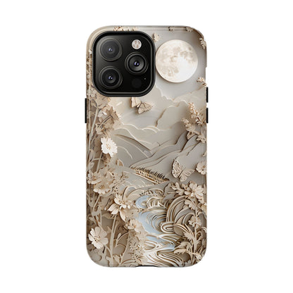 Moonlit Garden botanical iPhone 14 Pro Max MagSafe case featuring layered paper-cut style flowers, butterflies, and a moonlit landscape with flowing stream and neutral ivory tones.