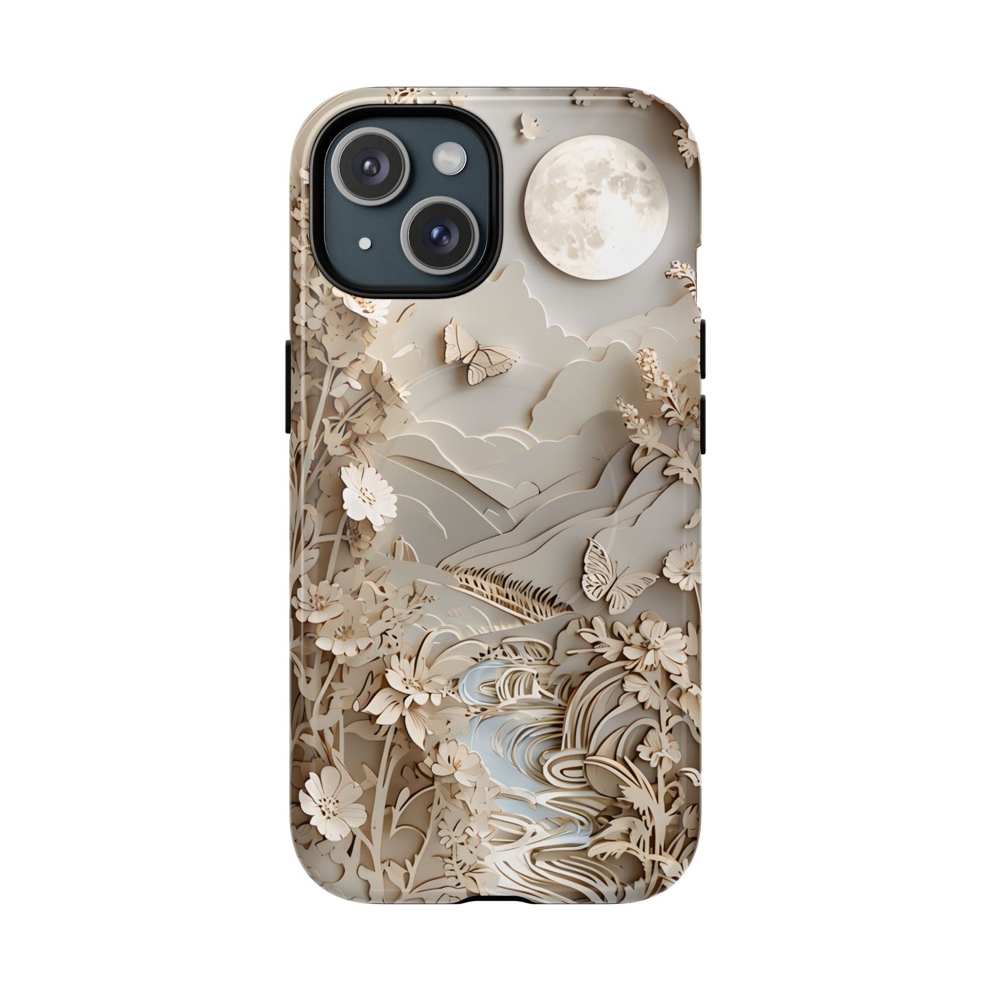 Moonlit Garden botanical iPhone 15 MagSafe case featuring layered paper-cut style flowers, butterflies, and a moonlit landscape with flowing stream and neutral ivory tones.