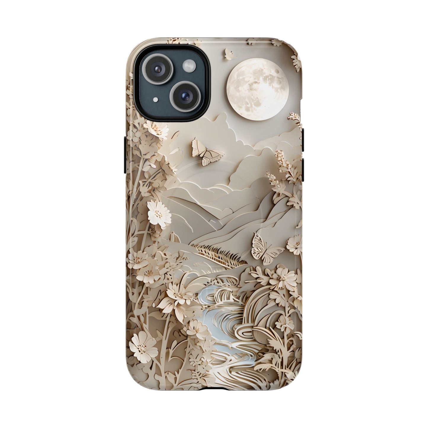 Moonlit Garden botanical iPhone 15 Plus MagSafe case featuring layered paper-cut style flowers, butterflies, and a moonlit landscape with flowing stream and neutral ivory tones.