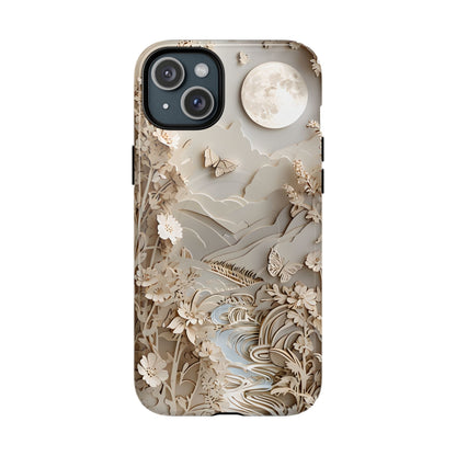 Moonlit Garden botanical iPhone 15 Plus MagSafe case featuring layered paper-cut style flowers, butterflies, and a moonlit landscape with flowing stream and neutral ivory tones.