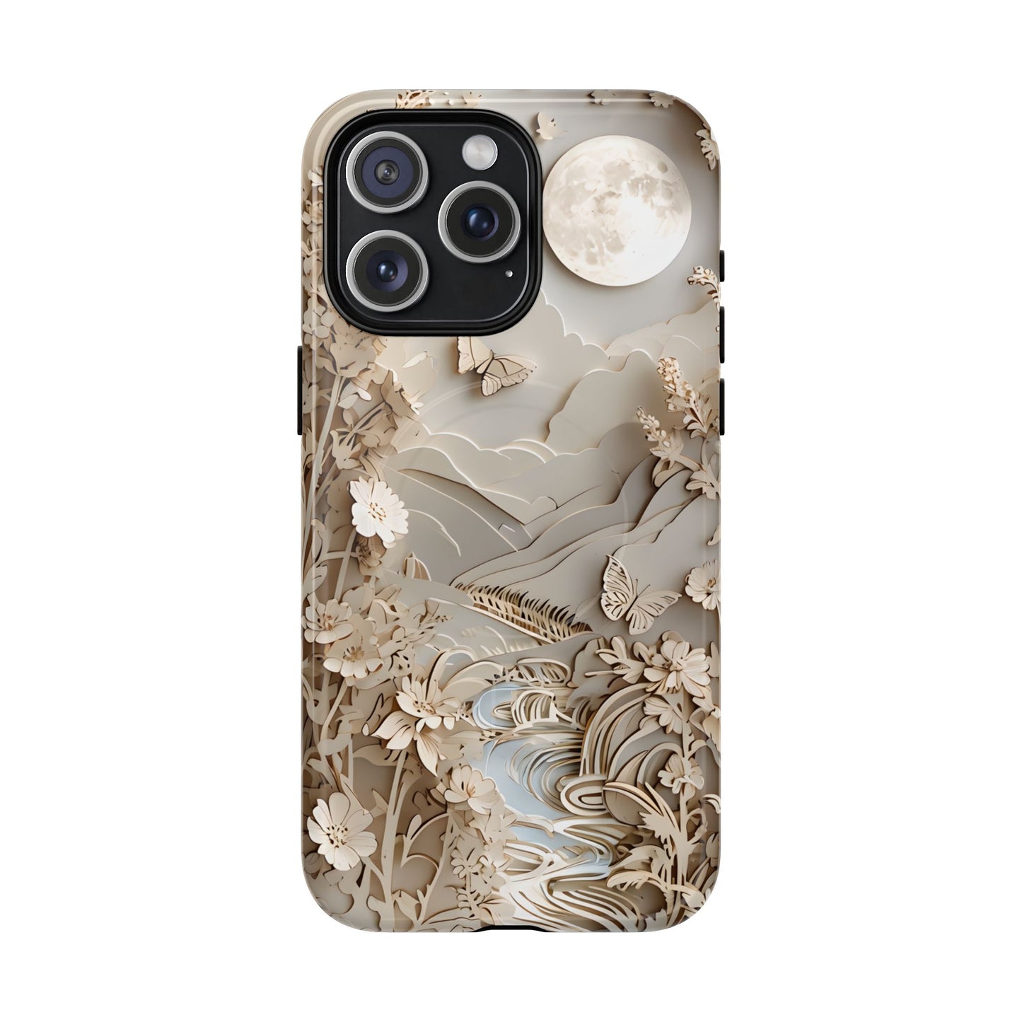 Moonlit Garden botanical iPhone 15 Pro Max MagSafe case featuring layered paper-cut style flowers, butterflies, and a moonlit landscape with flowing stream and neutral ivory tones.