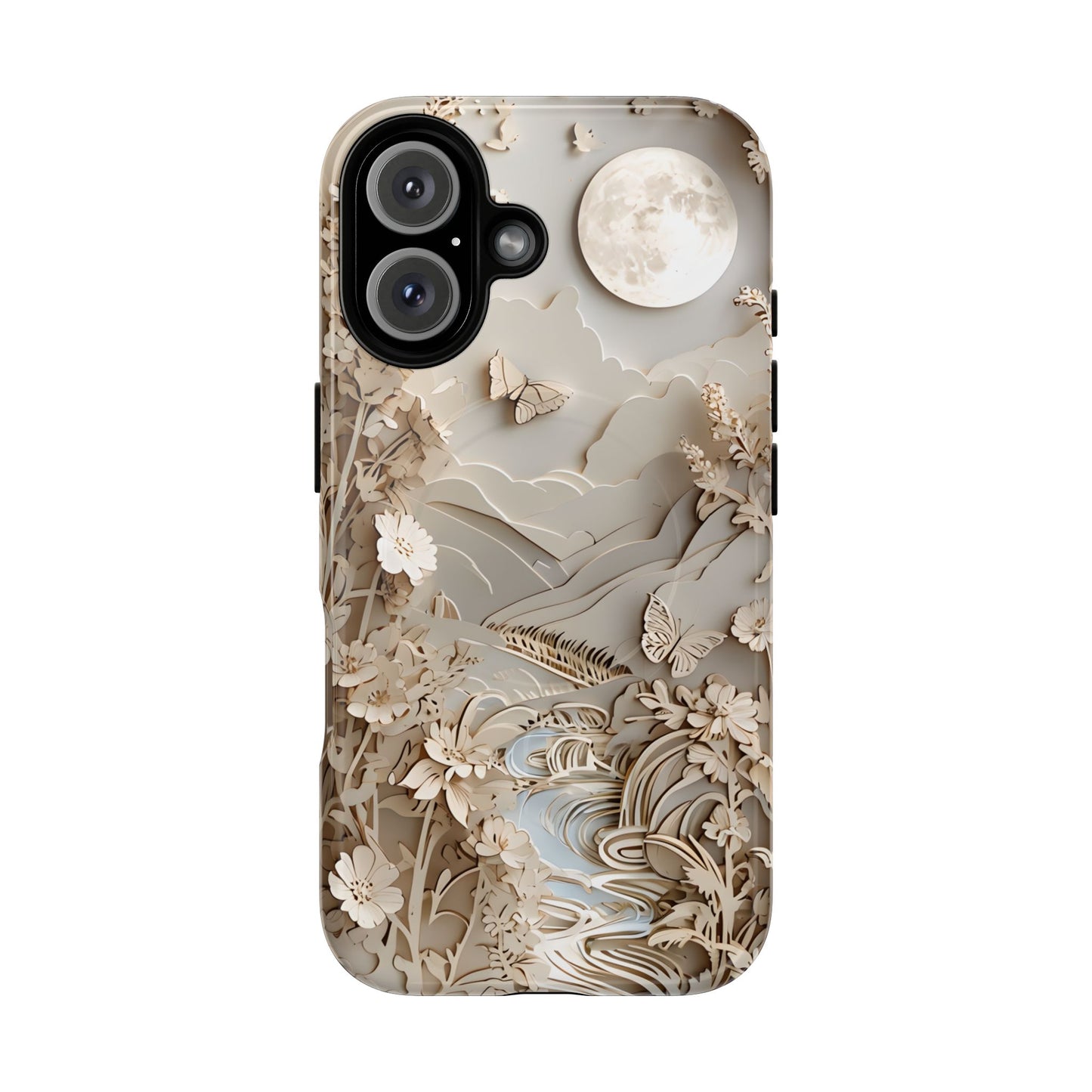 Moonlit Garden botanical iPhone 16 MagSafe case featuring layered paper-cut style flowers, butterflies, and a moonlit landscape with flowing stream and neutral ivory tones.