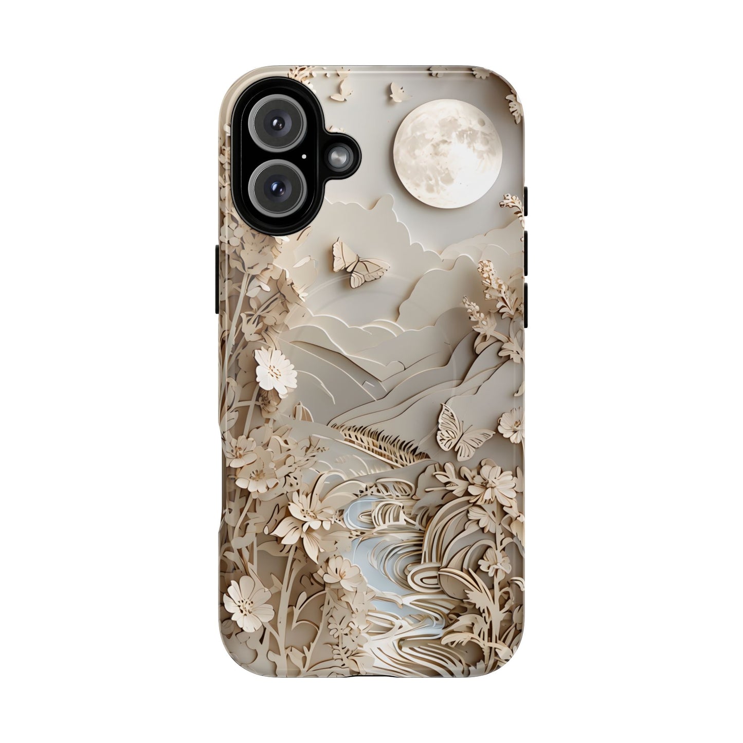 Moonlit Garden botanical iPhone 16 Plus MagSafe case featuring layered paper-cut style flowers, butterflies, and a moonlit landscape with flowing stream and neutral ivory tones.