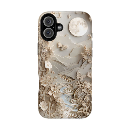 Moonlit Garden botanical iPhone 16 Plus MagSafe case featuring layered paper-cut style flowers, butterflies, and a moonlit landscape with flowing stream and neutral ivory tones.