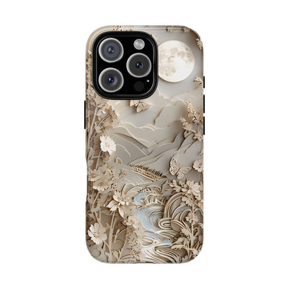 Moonlit Garden botanical iPhone 16 Pro MagSafe case featuring layered paper-cut style flowers, butterflies, and a moonlit landscape with flowing stream and neutral ivory tones.
