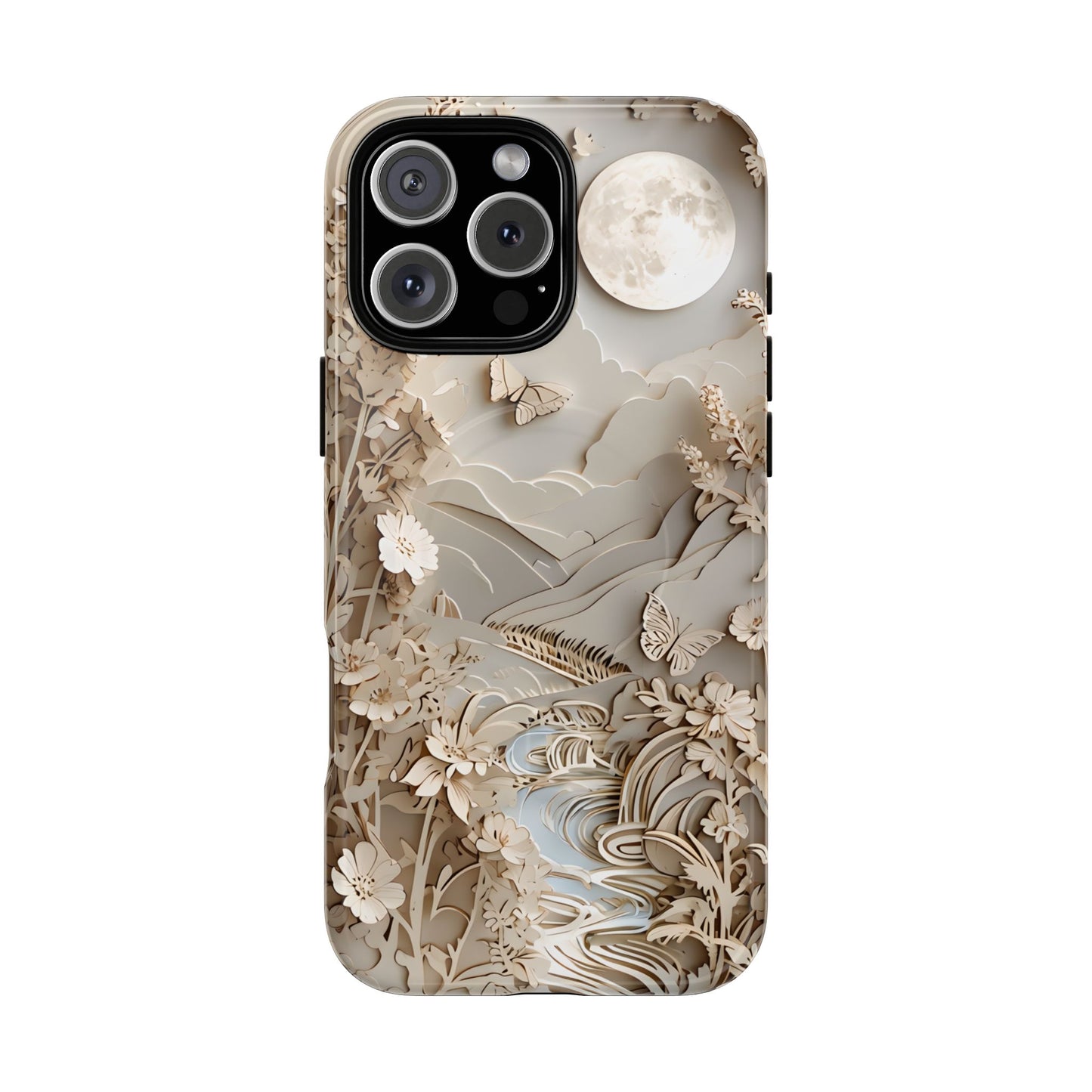 Moonlit Garden botanical iPhone 16 Pro Max MagSafe case featuring layered paper-cut style flowers, butterflies, and a moonlit landscape with flowing stream and neutral ivory tones.