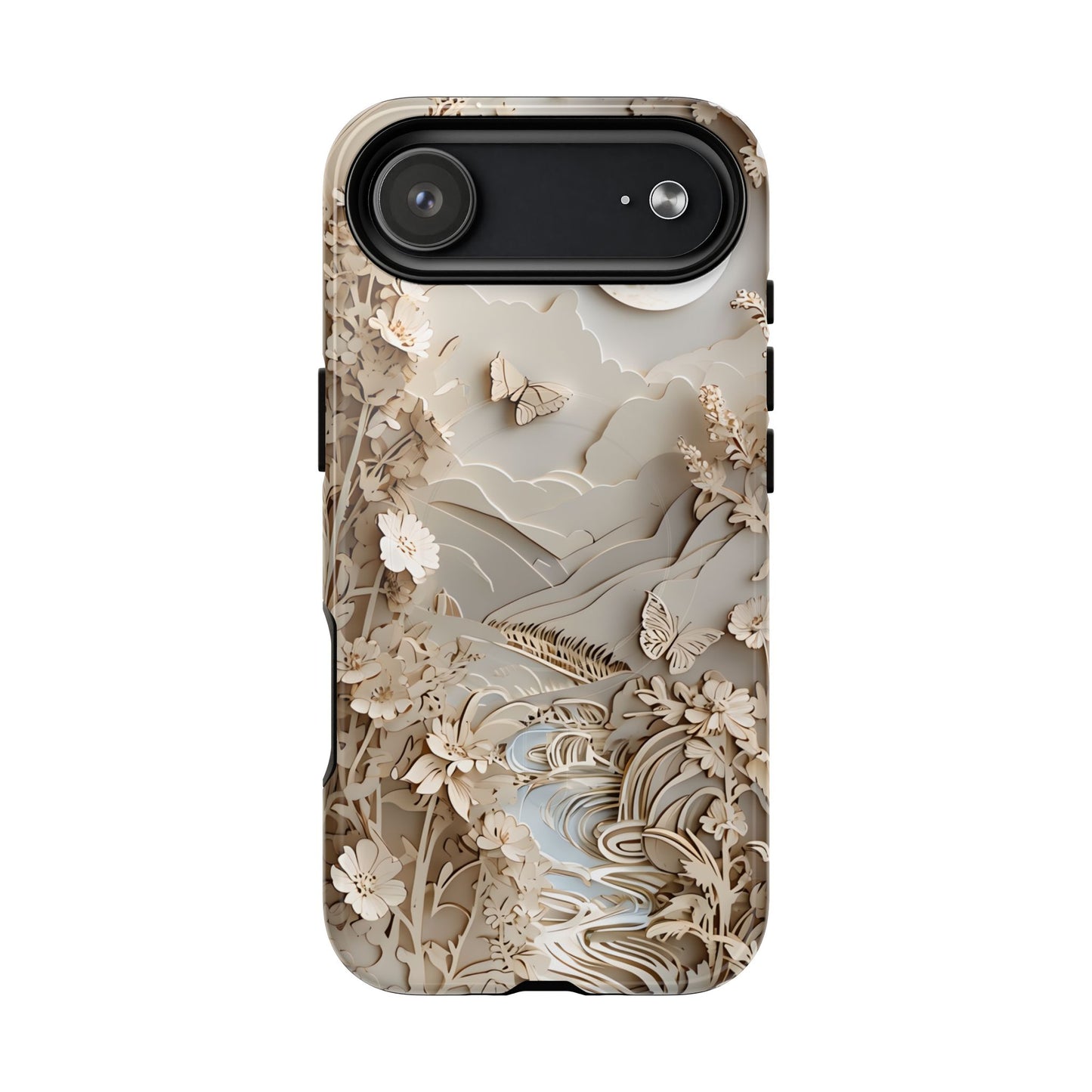 Moonlit Garden botanical iPhone 17 Air MagSafe case featuring layered paper-cut style flowers, butterflies, and a moonlit landscape with flowing stream and neutral ivory tones.