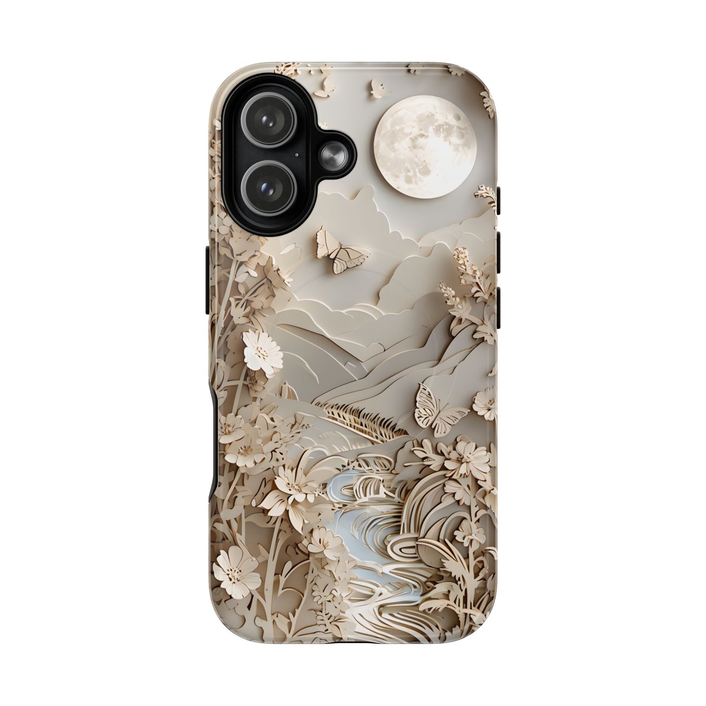 Moonlit Garden botanical iPhone 17 MagSafe case featuring layered paper-cut style flowers, butterflies, and a moonlit landscape with flowing stream and neutral ivory tones.