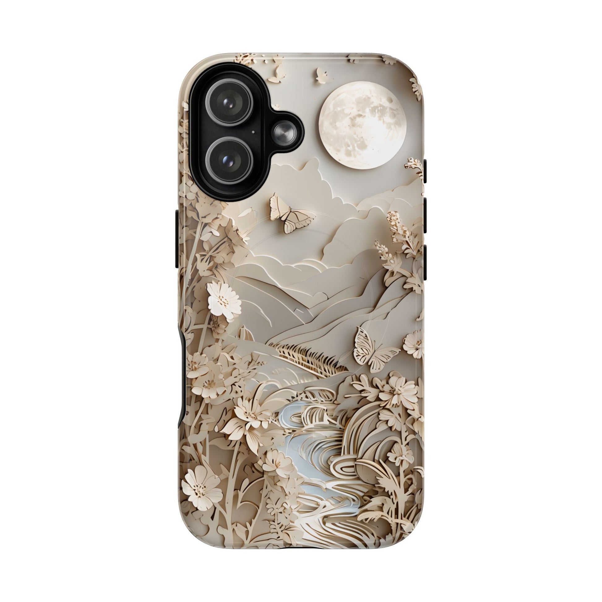 Moonlit Garden botanical iPhone 17 MagSafe case featuring layered paper-cut style flowers, butterflies, and a moonlit landscape with flowing stream and neutral ivory tones.
