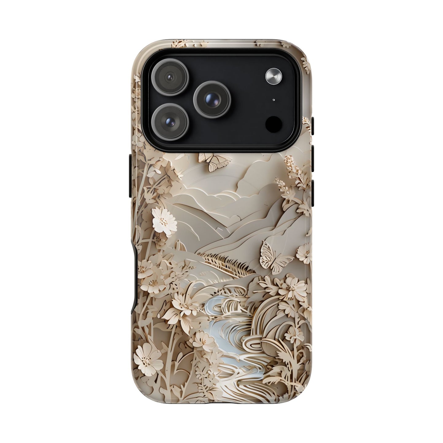 Moonlit Garden botanical iPhone 17 Pro MagSafe case featuring layered paper-cut style flowers, butterflies, and a moonlit landscape with flowing stream and neutral ivory tones.