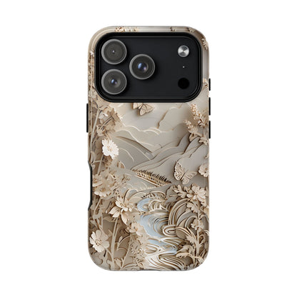 Moonlit Garden botanical iPhone 17 Pro MagSafe case featuring layered paper-cut style flowers, butterflies, and a moonlit landscape with flowing stream and neutral ivory tones.