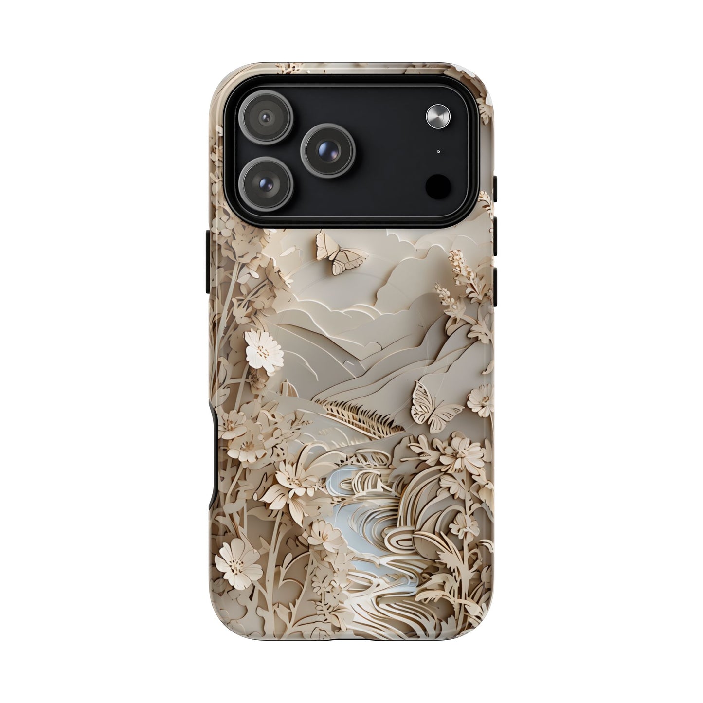 Moonlit Garden botanical iPhone 17 Pro Max MagSafe case featuring layered paper-cut style flowers, butterflies, and a moonlit landscape with flowing stream and neutral ivory tones.