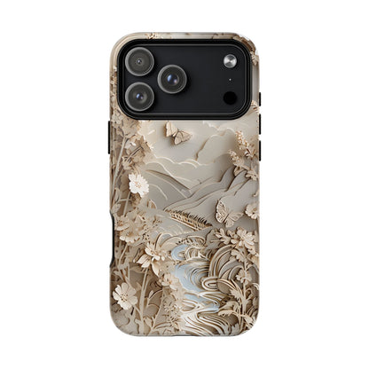 Moonlit Garden botanical iPhone 17 Pro Max MagSafe case featuring layered paper-cut style flowers, butterflies, and a moonlit landscape with flowing stream and neutral ivory tones.