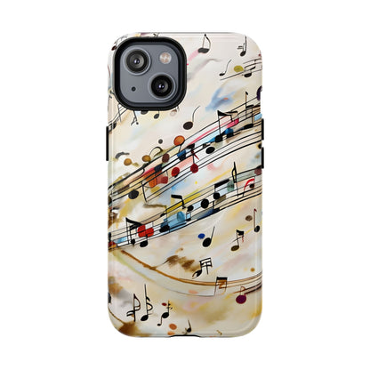 Melodic Flow music notes iPhone 14 MagSafe case featuring colorful musical notation flowing across a soft abstract background.