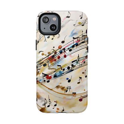 Melodic Flow music notes iPhone 14 Plus MagSafe case featuring colorful musical notation flowing across a soft abstract background.