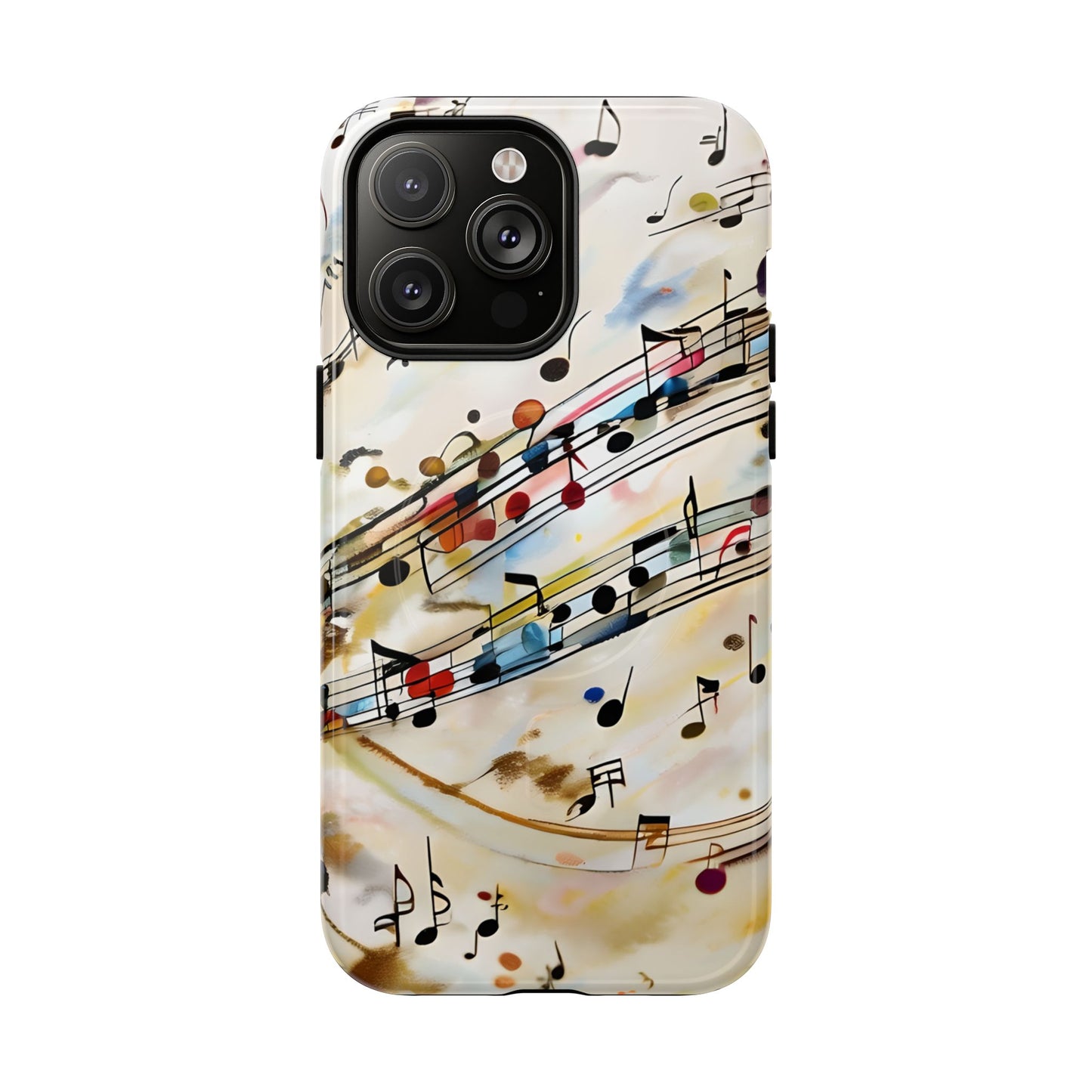 Melodic Flow music notes iPhone 14 Pro Max MagSafe case featuring colorful musical notation flowing across a soft abstract background.