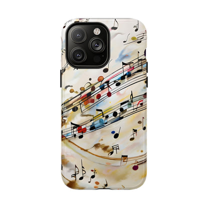 Melodic Flow music notes iPhone 14 Pro Max MagSafe case featuring colorful musical notation flowing across a soft abstract background.
