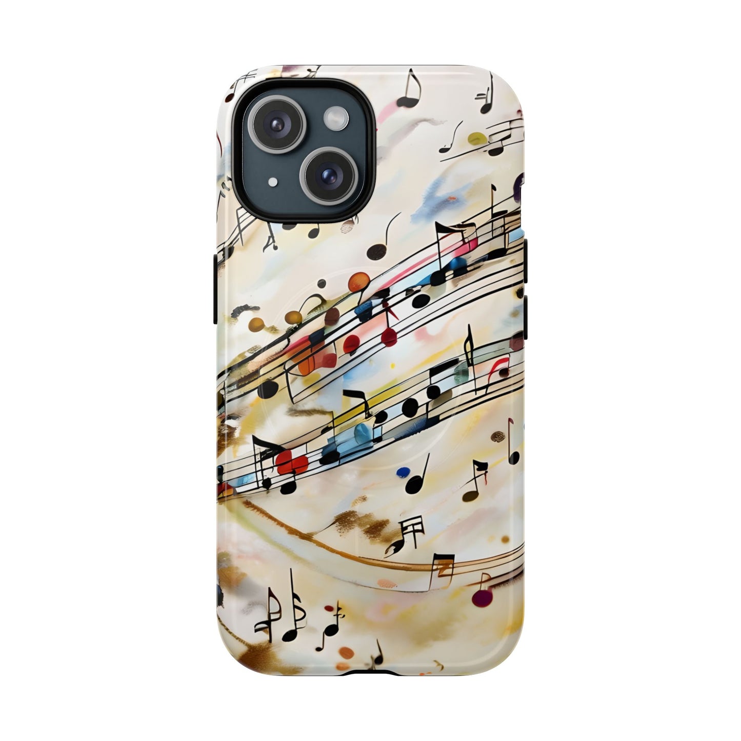 Melodic Flow music notes iPhone 15 MagSafe case featuring colorful musical notation flowing across a soft abstract background.