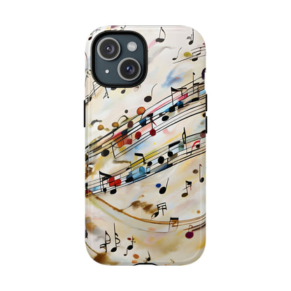 Melodic Flow music notes iPhone 15 MagSafe case featuring colorful musical notation flowing across a soft abstract background.