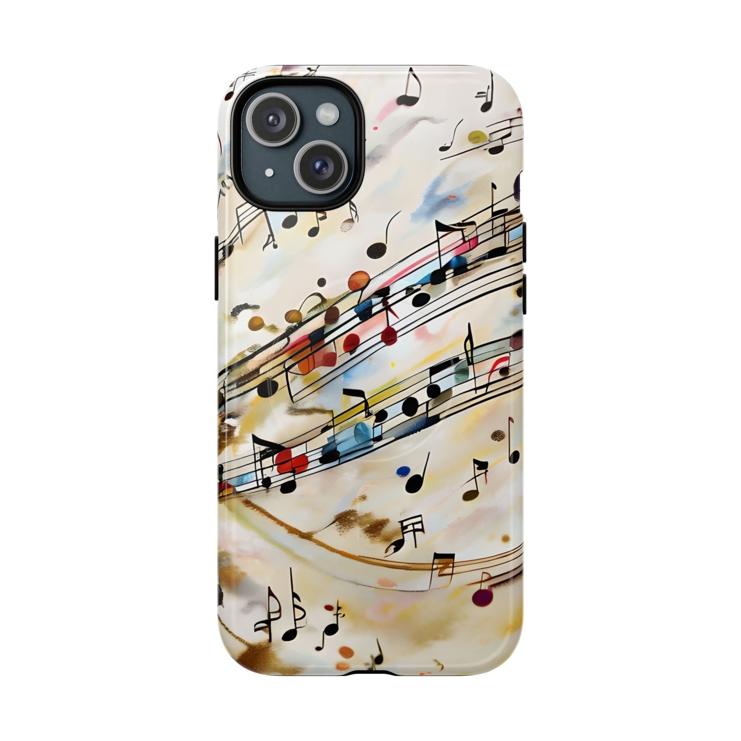 Melodic Flow music notes iPhone 15 Plus MagSafe case featuring colorful musical notation flowing across a soft abstract background.