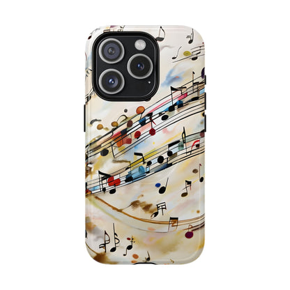 Melodic Flow music notes iPhone 15 Pro MagSafe case featuring colorful musical notation flowing across a soft abstract background.