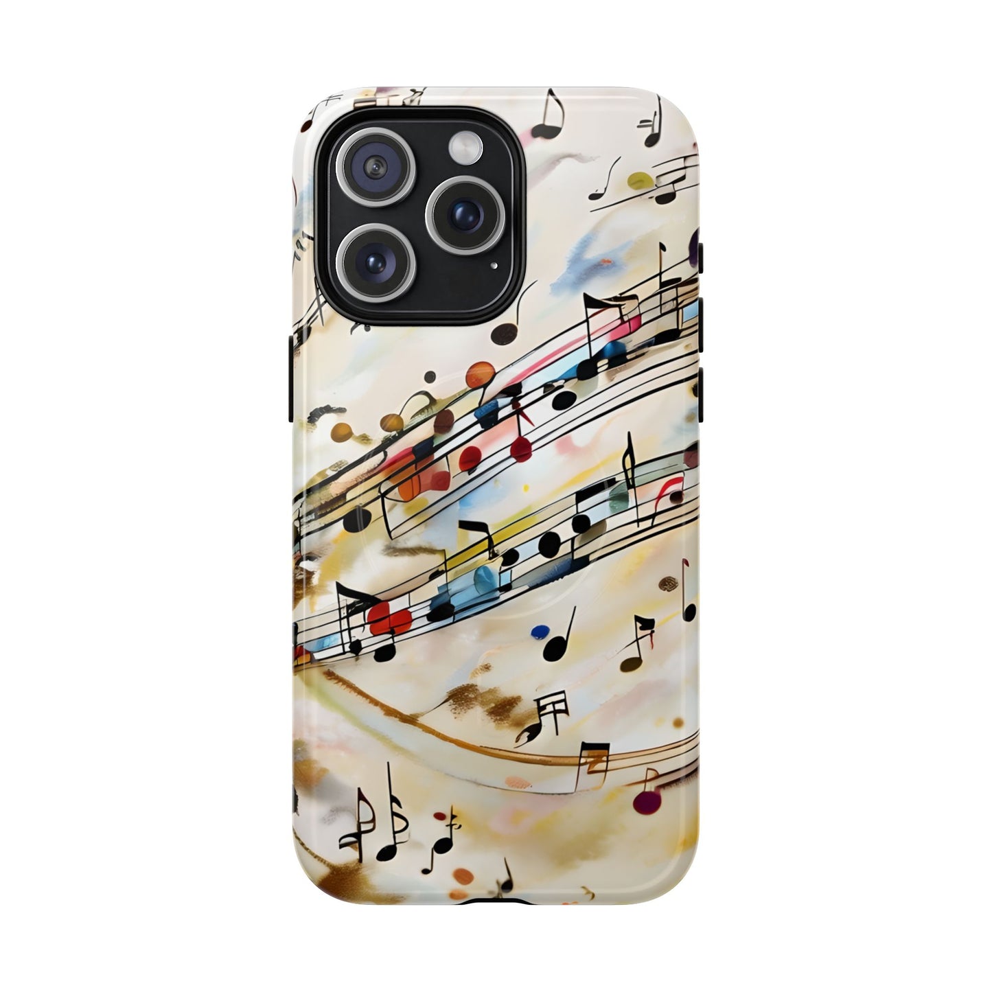 Melodic Flow music notes iPhone 15 Pro Max MagSafe case featuring colorful musical notation flowing across a soft abstract background.