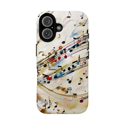 Melodic Flow music notes iPhone 16 MagSafe case featuring colorful musical notation flowing across a soft abstract background.