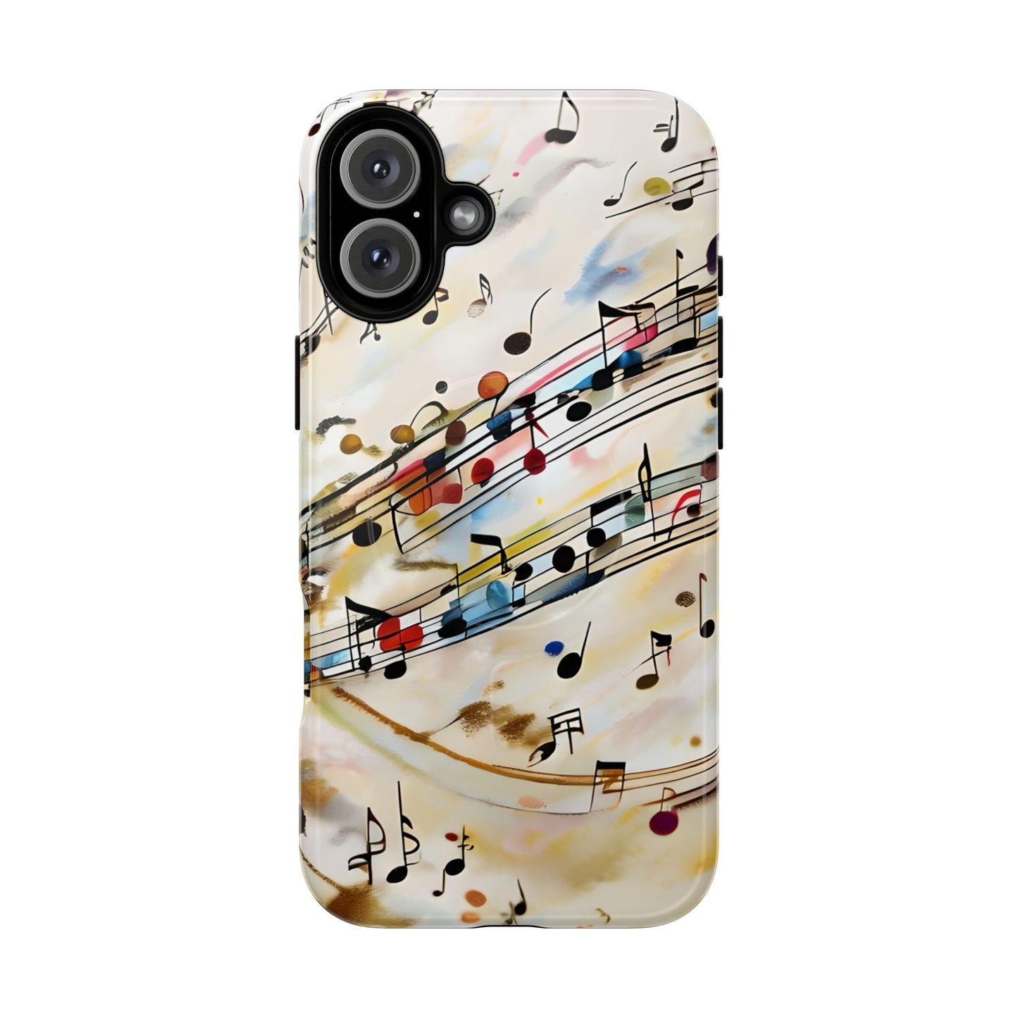 Melodic Flow music notes iPhone 16 Plus MagSafe case featuring colorful musical notation flowing across a soft abstract background.