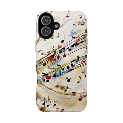 Melodic Flow music notes iPhone 16 Plus MagSafe case featuring colorful musical notation flowing across a soft abstract background.